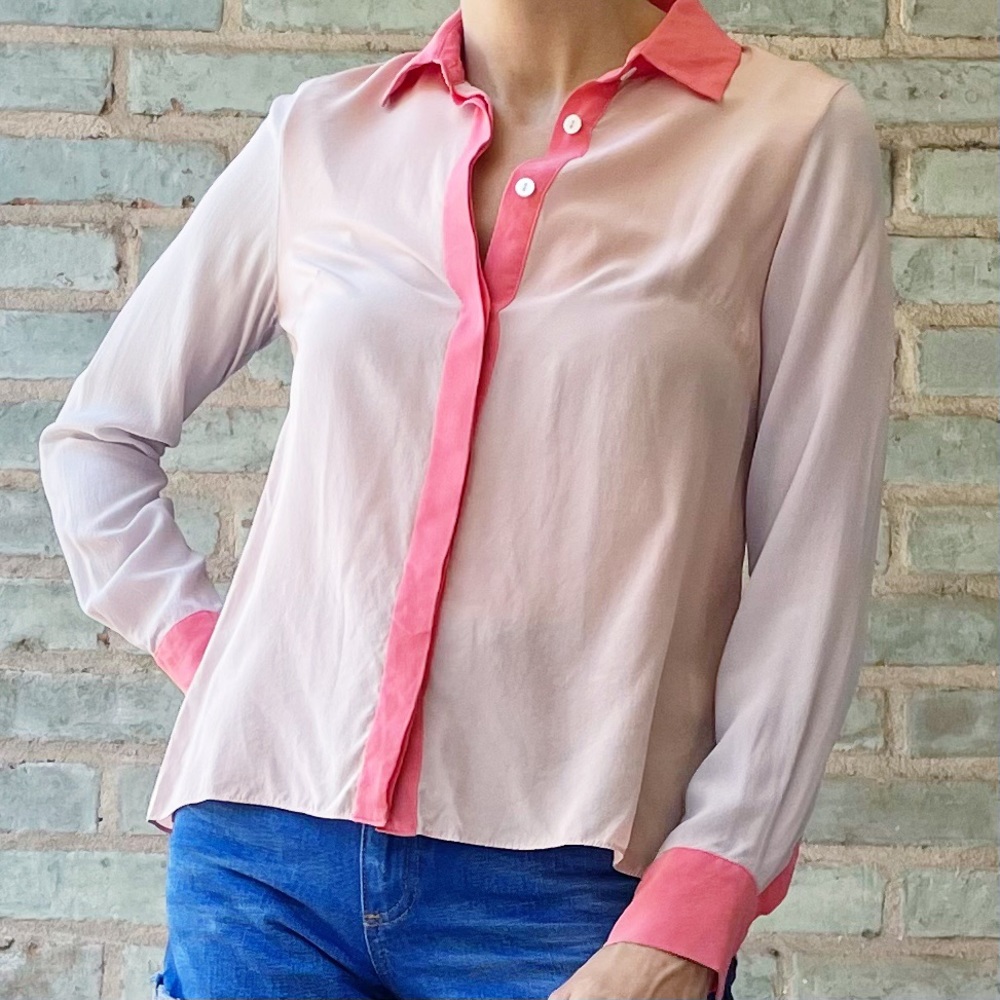 Jonathan Simkhai Shirt Peach Pink Silk Colorblock Button Up Front Top XS